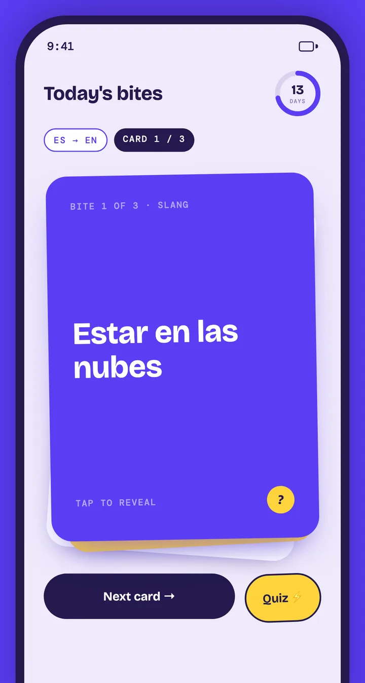 Today tab with a Spanish phrase card ready to reveal